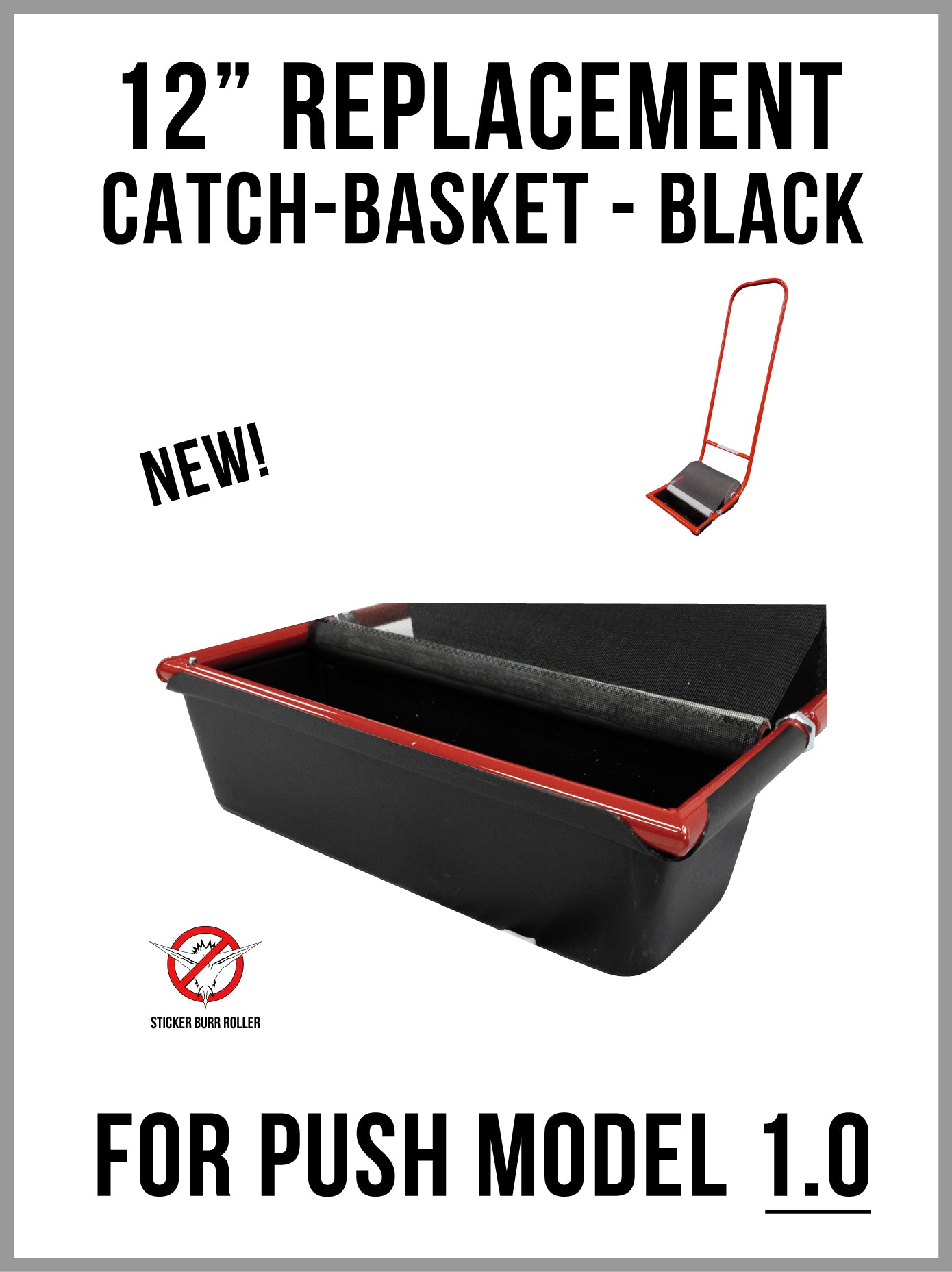 12-inch Sticker Burr Roller with black catch basket, perfect for burr removal in grass.