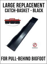BIGFOOT Pull-Behind Sticker Burr Roller with a large black catch basket for lawn tractors.