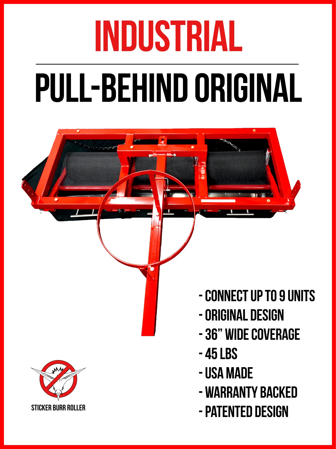Original Pull-Behind Sticker Burr Roller model with a standard black catch basket.