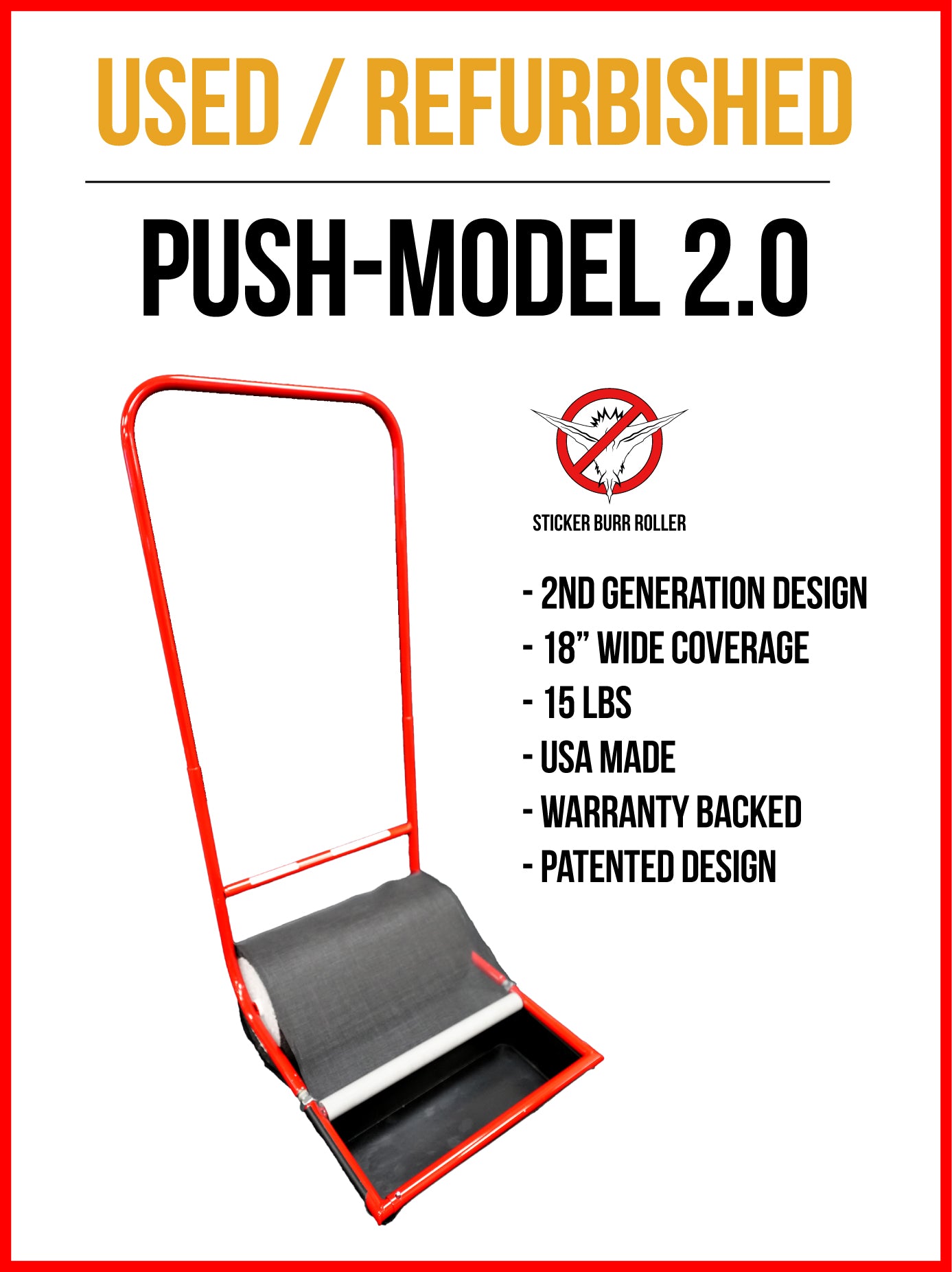 Refurbished PUSH 2.0 Sticker Burr Roller model, restored and ready for yard maintenance.
