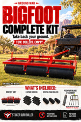 Illustrative BIGFOOT COMPLETE KIT hero showing the roller in use, with included spare screens, foam rollers and pitchfork blade attachment below. Pitchfork not included. Tow vehicle not included.