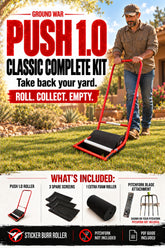 Illustrative PUSH 1.0 CLASSIC COMPLETE KIT hero showing the roller in use, with included spare screens, foam rollers and pitchfork blade attachment below. Pitchfork not included.