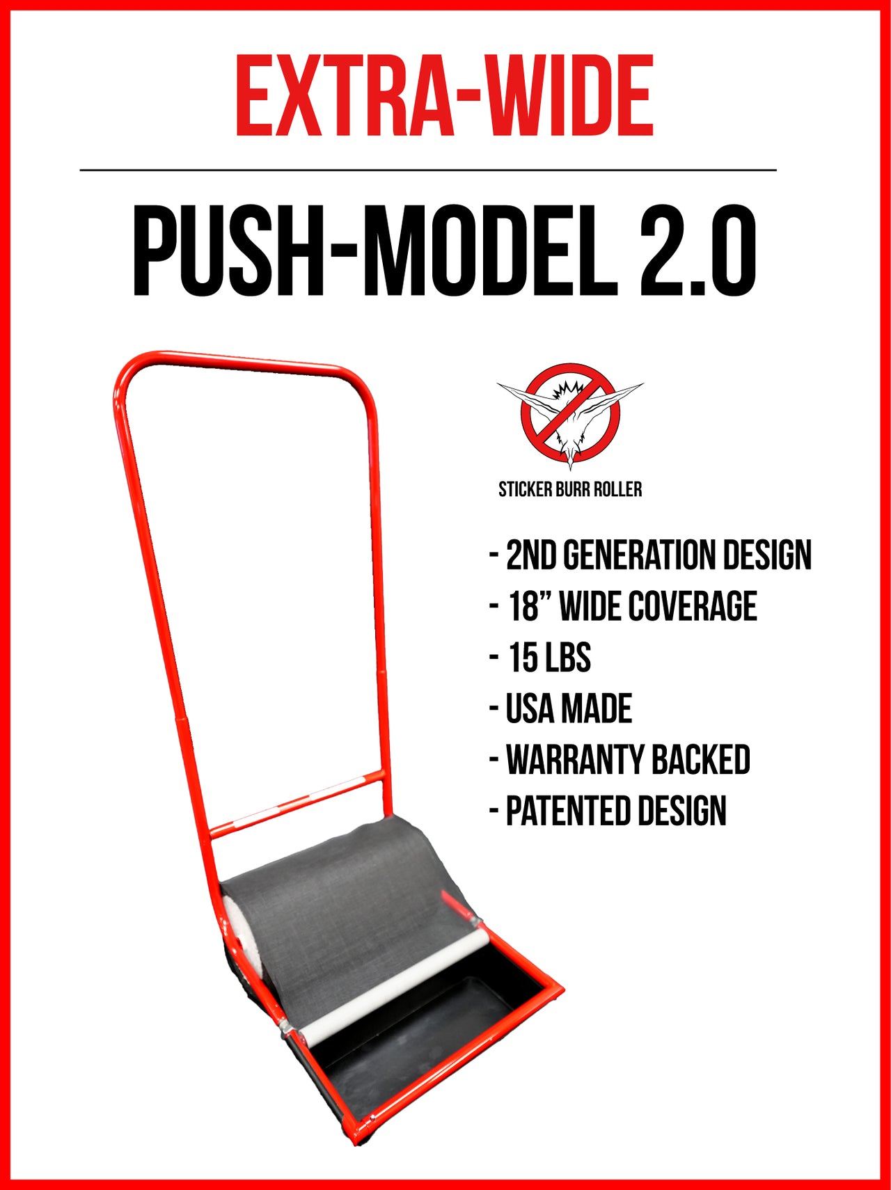 PUSH 2.0 Sticker Burr Roller retail model, a convenient push-style burr collection tool.